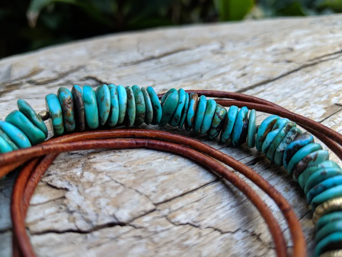 Cow Skull Natural Turquoise Leather Wrap Bracelet - Necklace 2in1