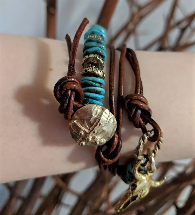 Cow Skull Natural Turquoise Leather Wrap Bracelet - Necklace 2in1