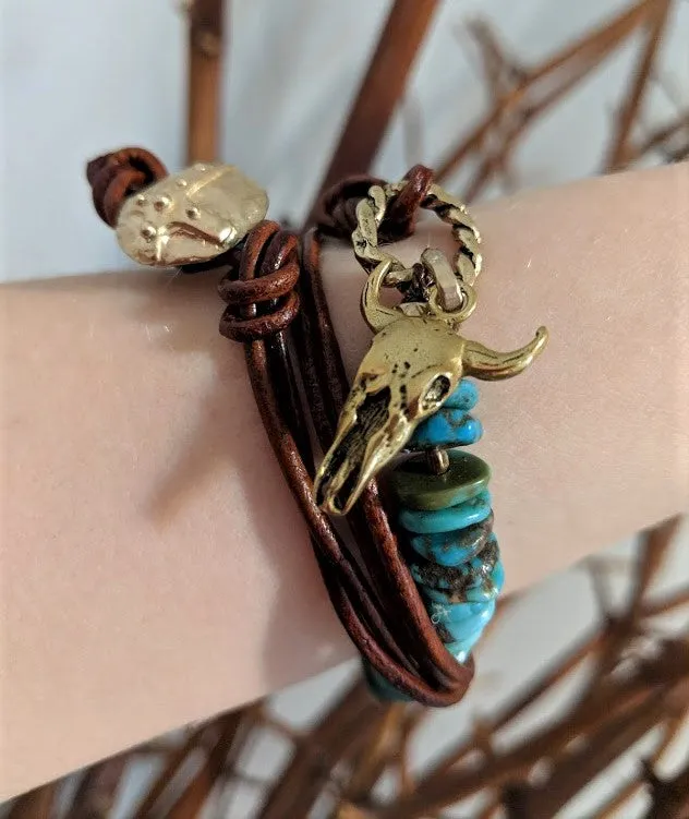 Cow Skull Natural Turquoise Leather Wrap Bracelet - Necklace 2in1