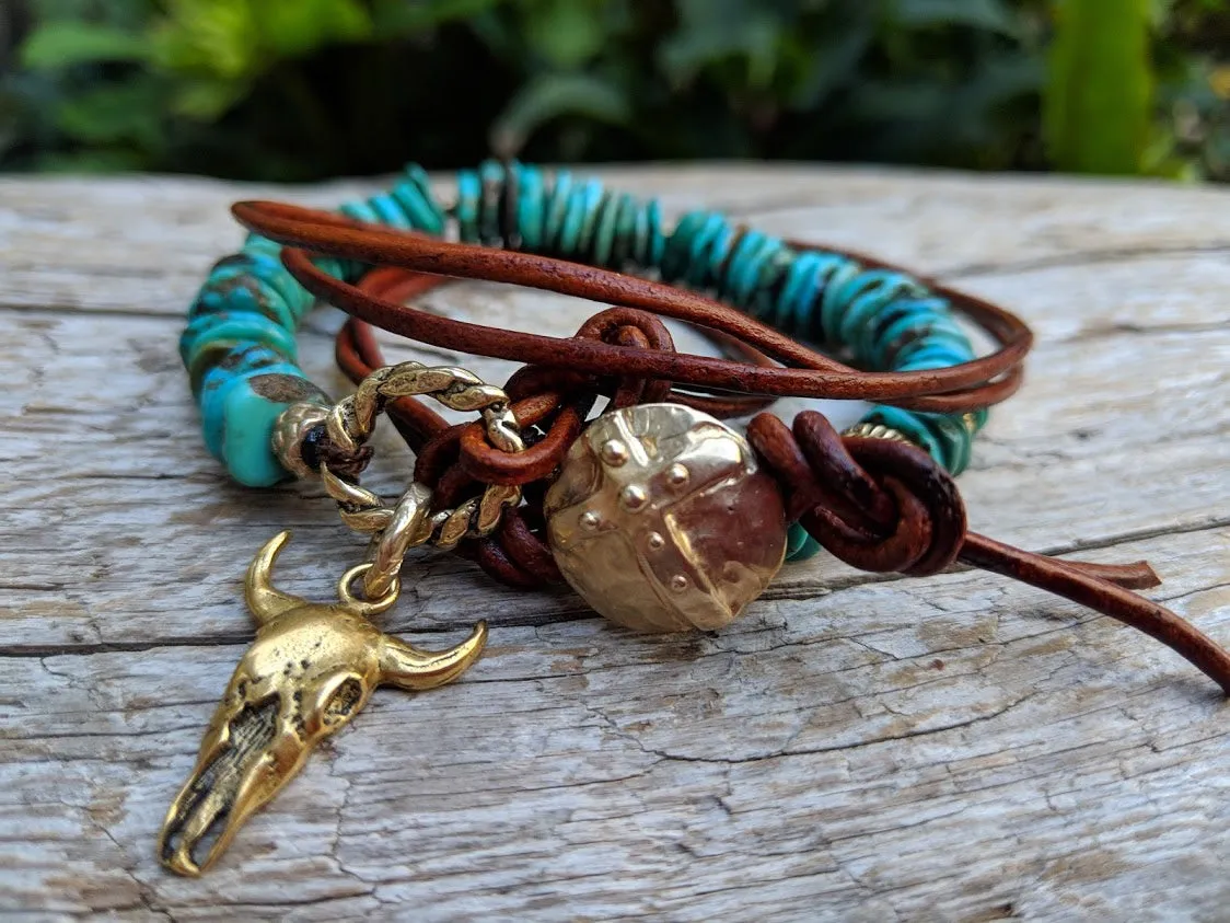 Cow Skull Natural Turquoise Leather Wrap Bracelet - Necklace 2in1