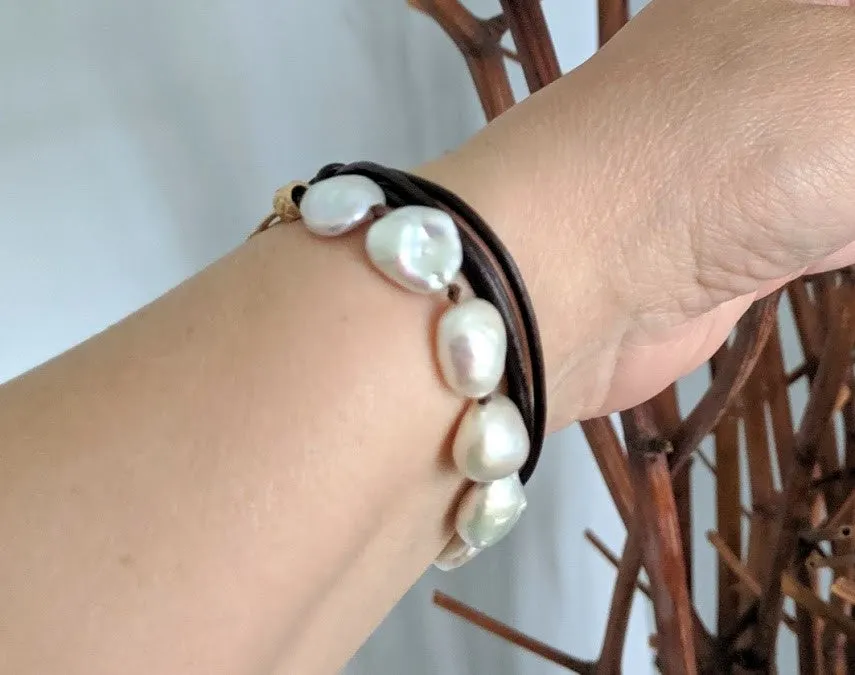 Cross Baroque Pearl Leather Wrap Bracelet