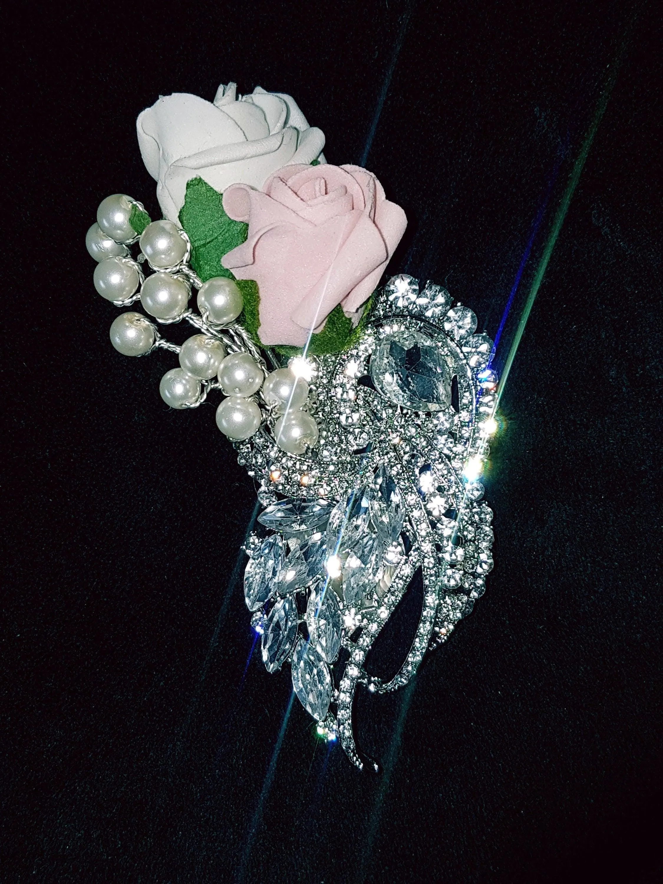 Crystal brooch buttonhole with Pearls & Foam roses by Crystal wedding uk