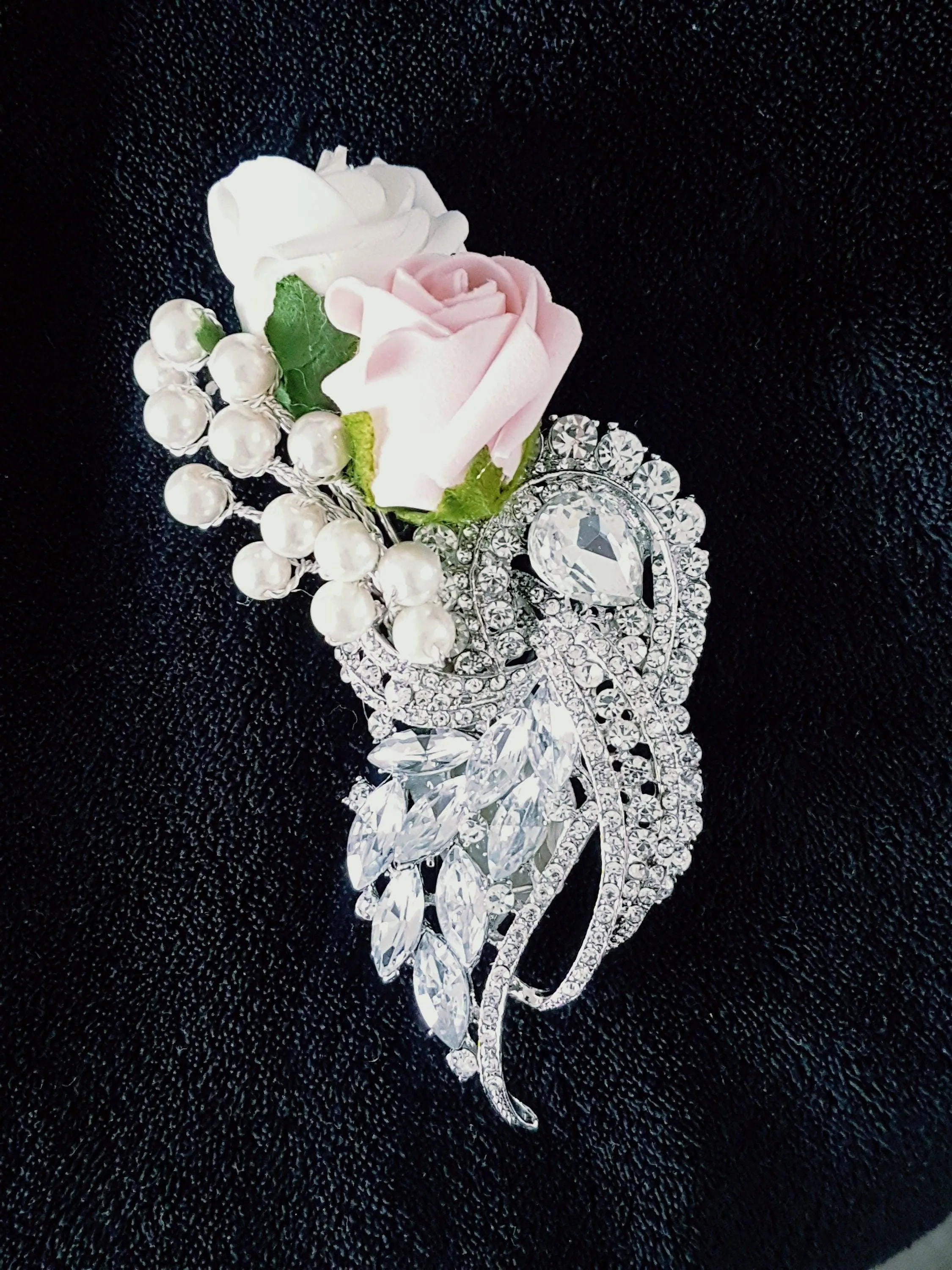 Crystal brooch buttonhole with Pearls & Foam roses by Crystal wedding uk