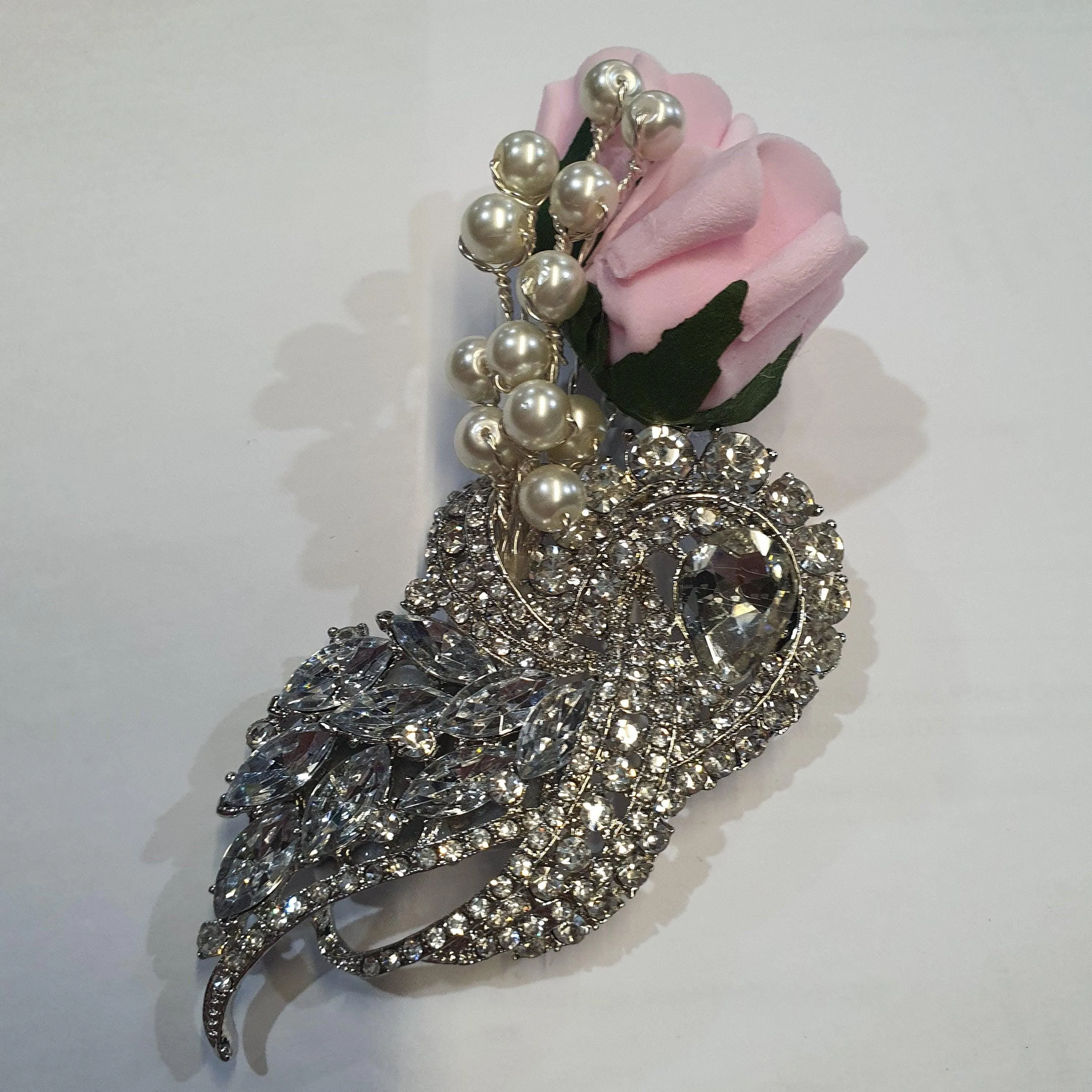 Crystal brooch buttonhole with Pearls & Foam roses by Crystal wedding uk