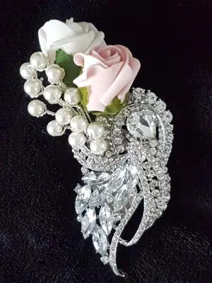 Crystal brooch buttonhole with Pearls & Foam roses by Crystal wedding uk