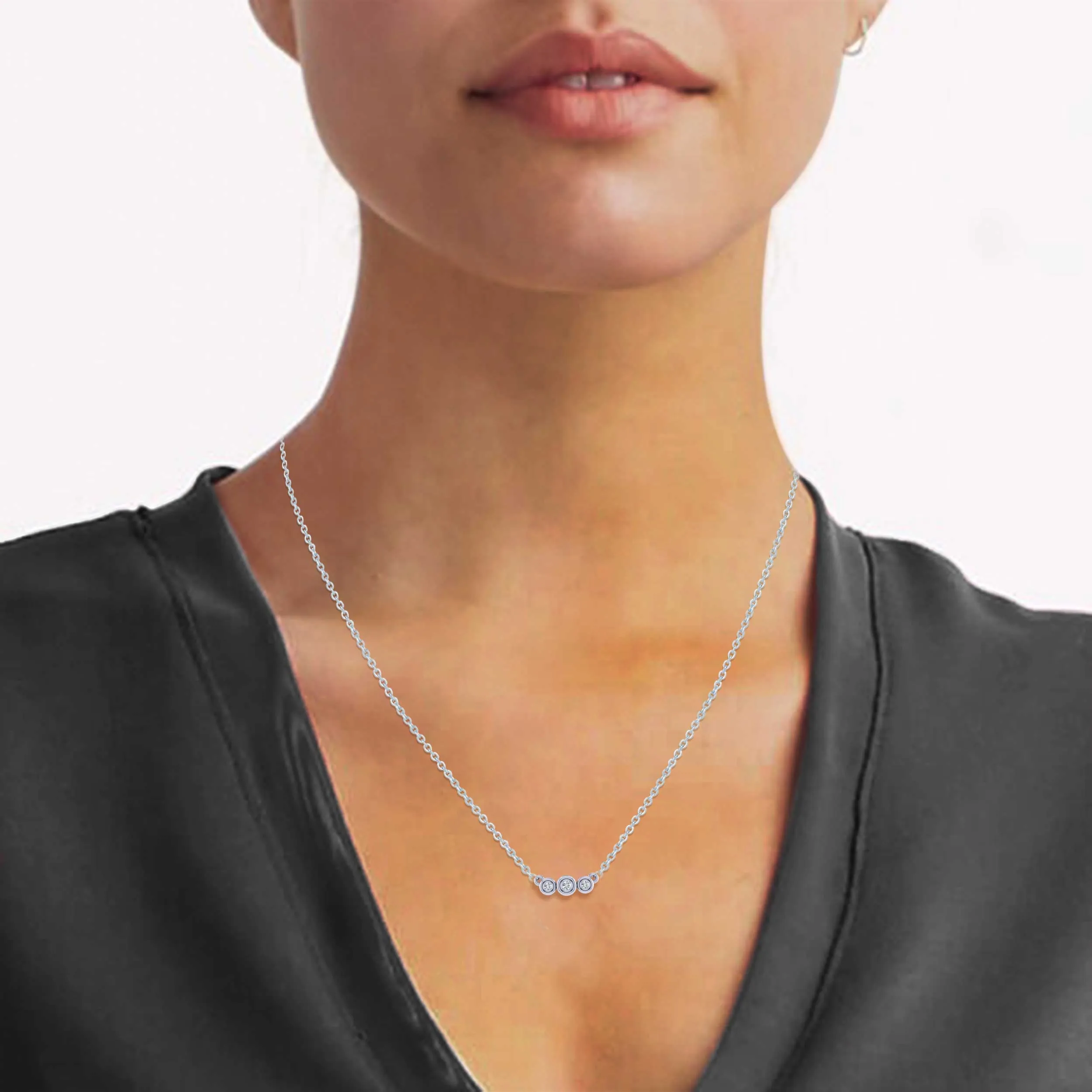 Curved Three Stone Bar 1/20 Cttw Natural Diamond Pendant Necklace set in 925 Sterling Silver