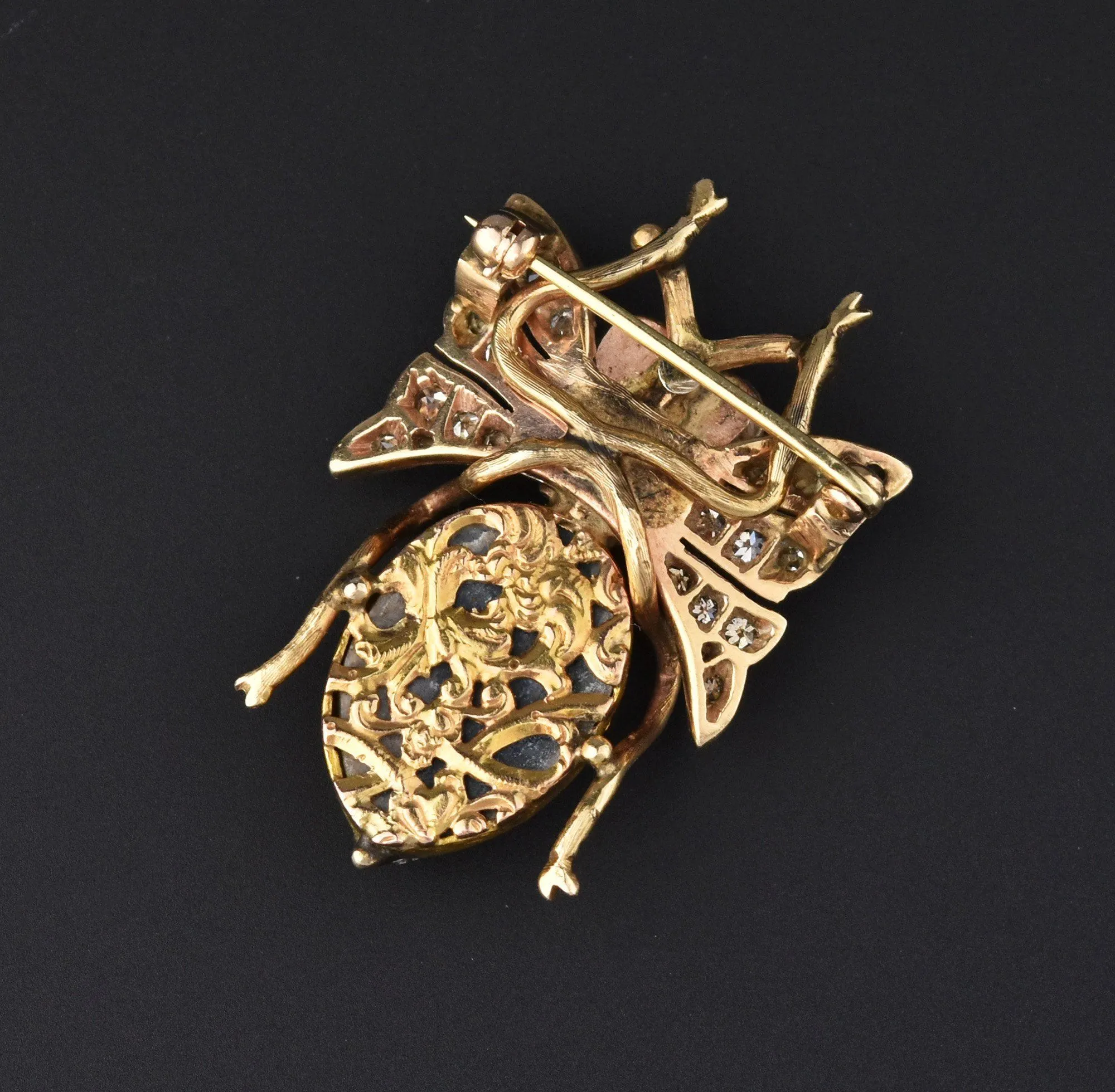 Diamond Sapphire Ruby Mabe Pearl Insect Brooch, 14K Gold