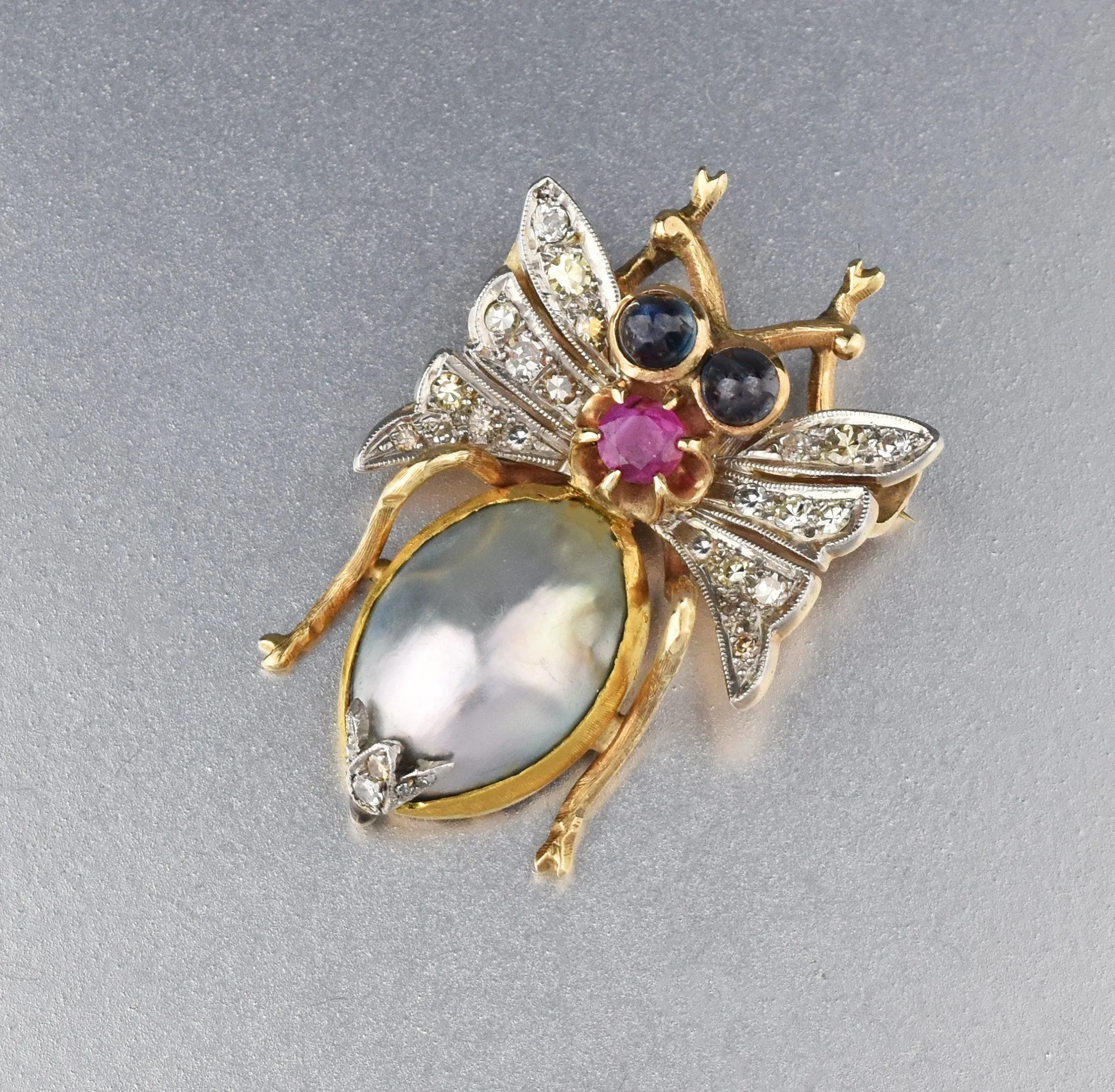 Diamond Sapphire Ruby Mabe Pearl Insect Brooch, 14K Gold