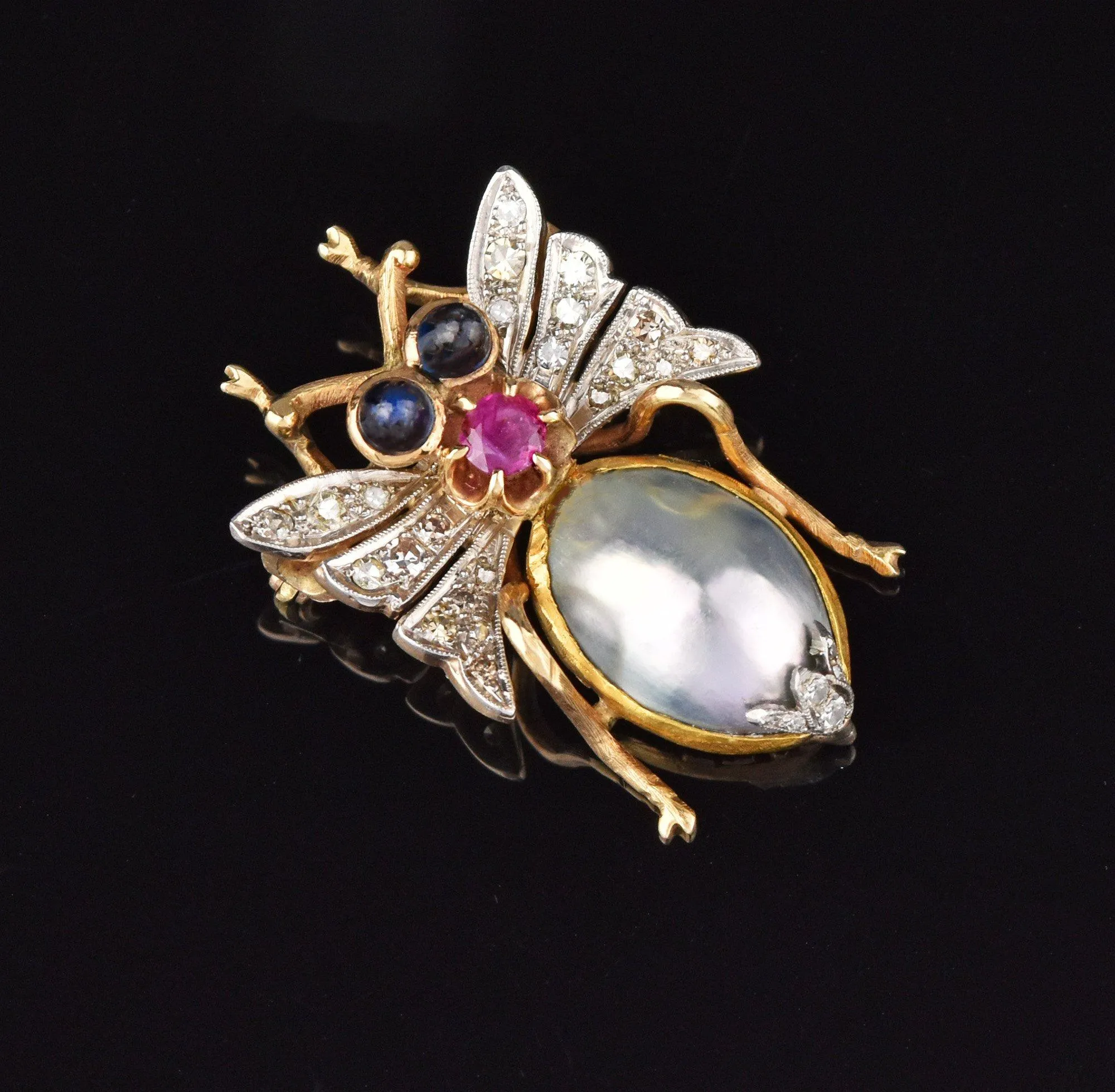 Diamond Sapphire Ruby Mabe Pearl Insect Brooch, 14K Gold