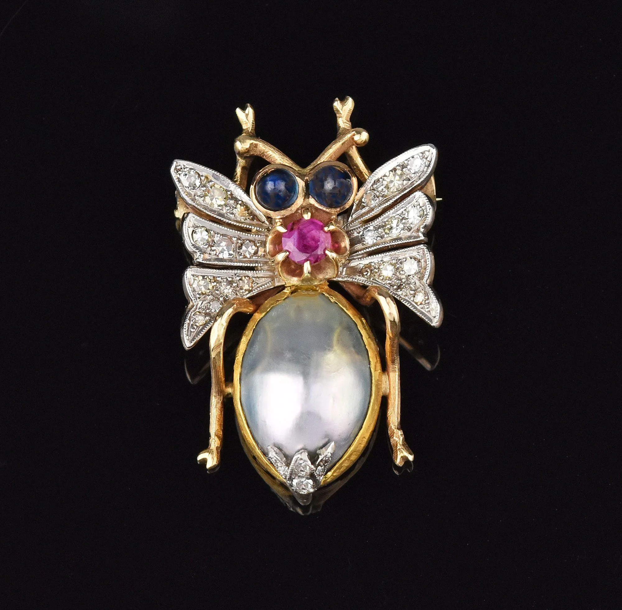 Diamond Sapphire Ruby Mabe Pearl Insect Brooch, 14K Gold