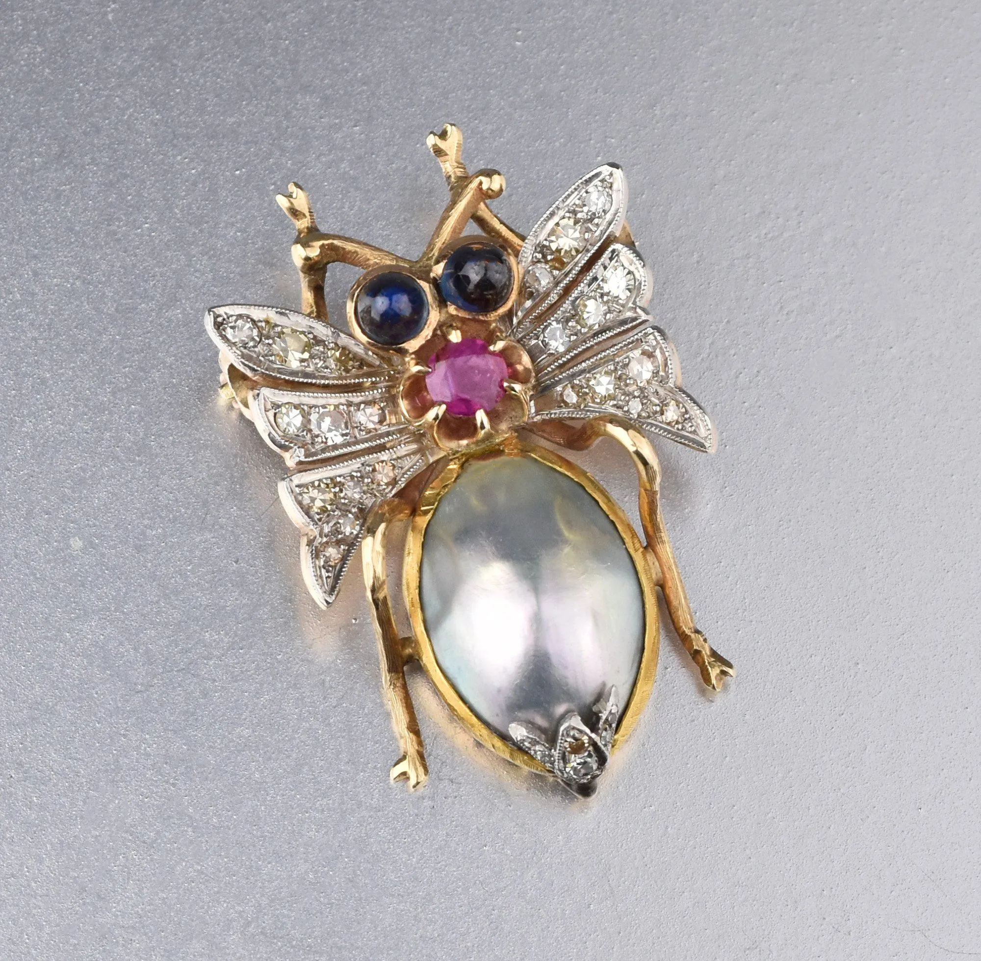 Diamond Sapphire Ruby Mabe Pearl Insect Brooch, 14K Gold