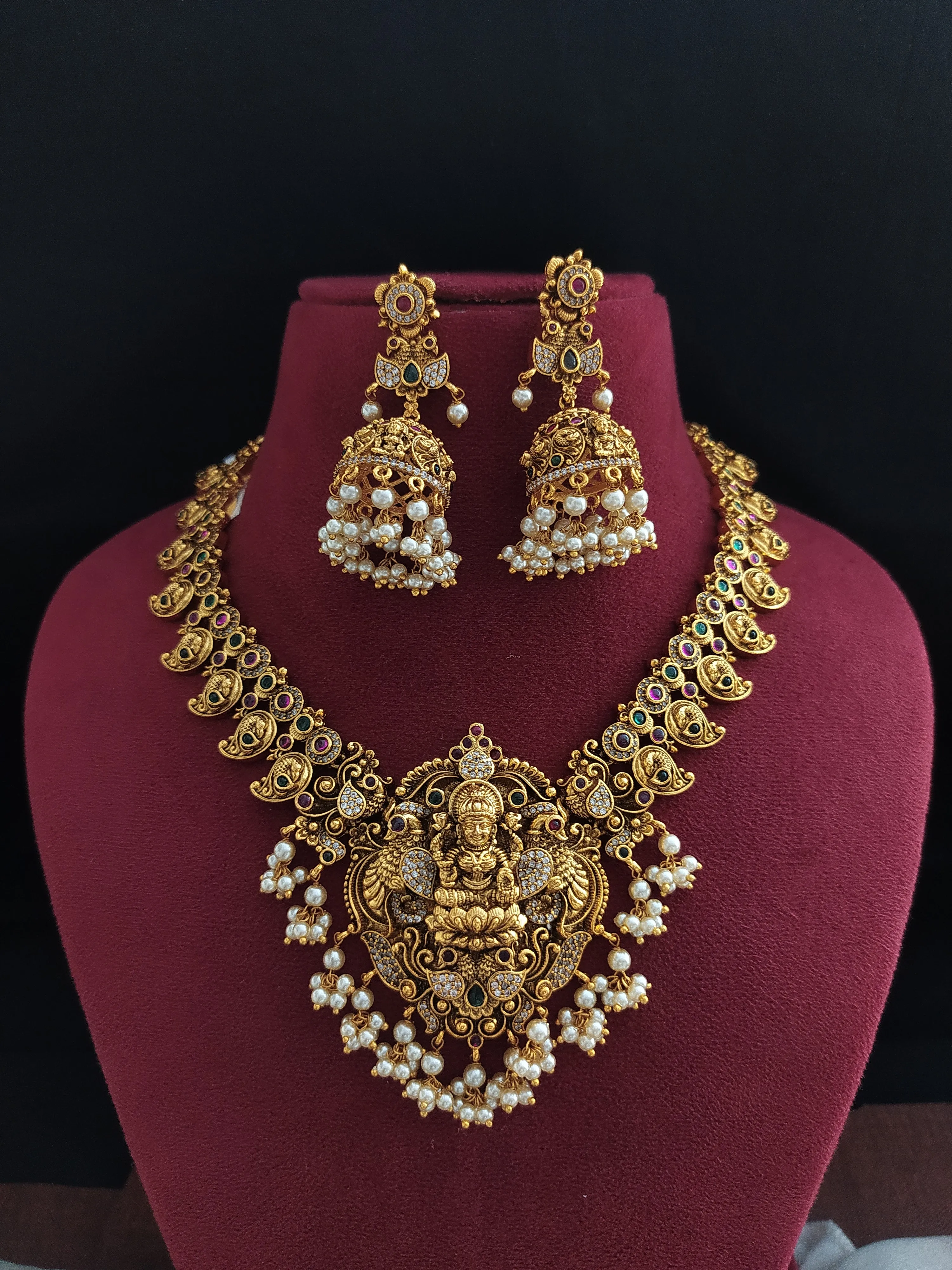 Divine Elegance: Antique Peacock Design Necklace Set with Goddess Lakshmi Pendant