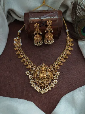 Divine Elegance: Antique Peacock Design Necklace Set with Goddess Lakshmi Pendant