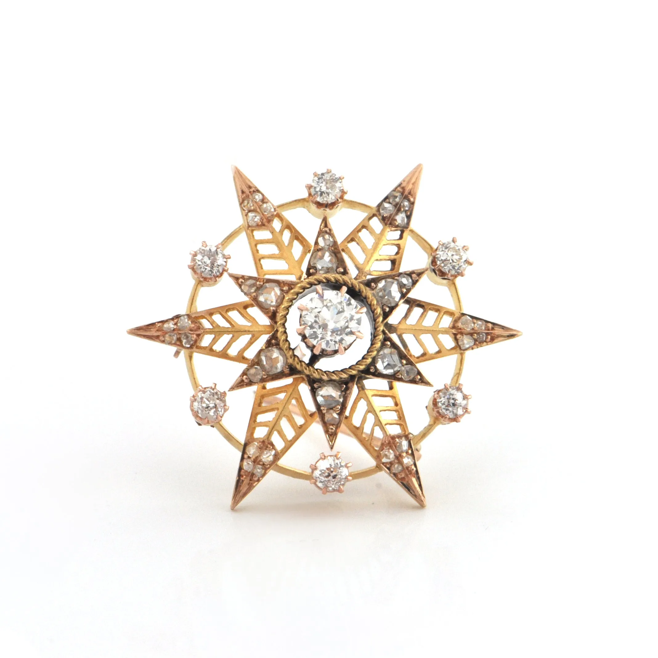 Double Six Pointed Star 1.40CT Diamond and 18K Yellow Gold Brooch C.1880