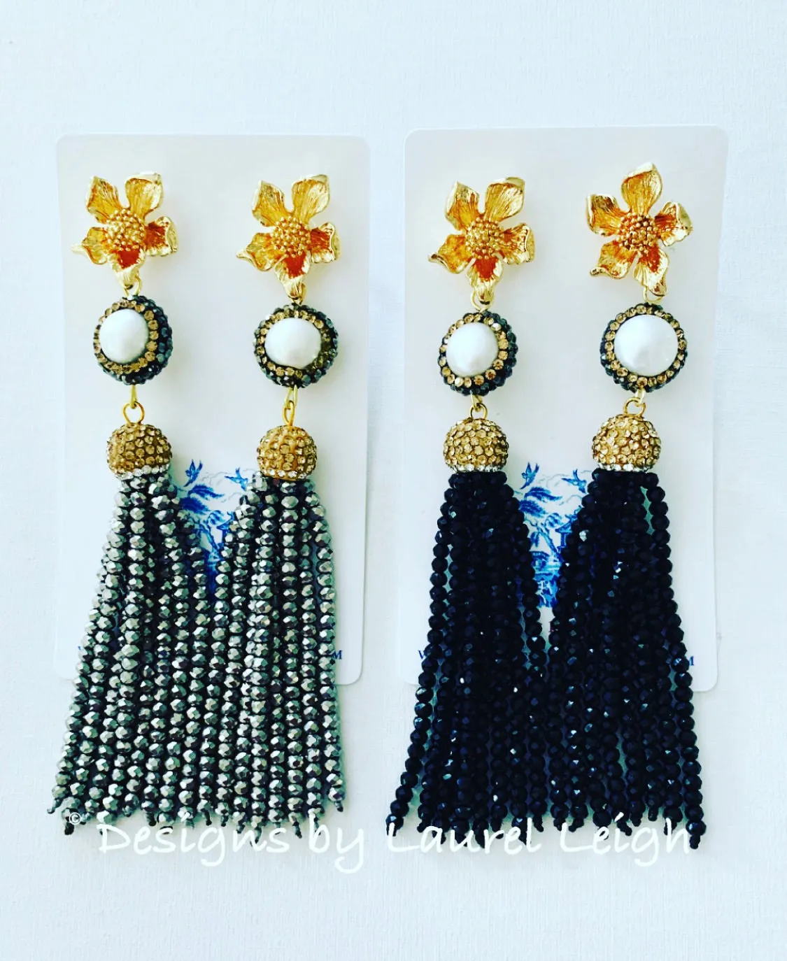 Dressy Floral and Pearl Beaded Tassel Statement Earrings - Gold/Black Or Gold/Silver