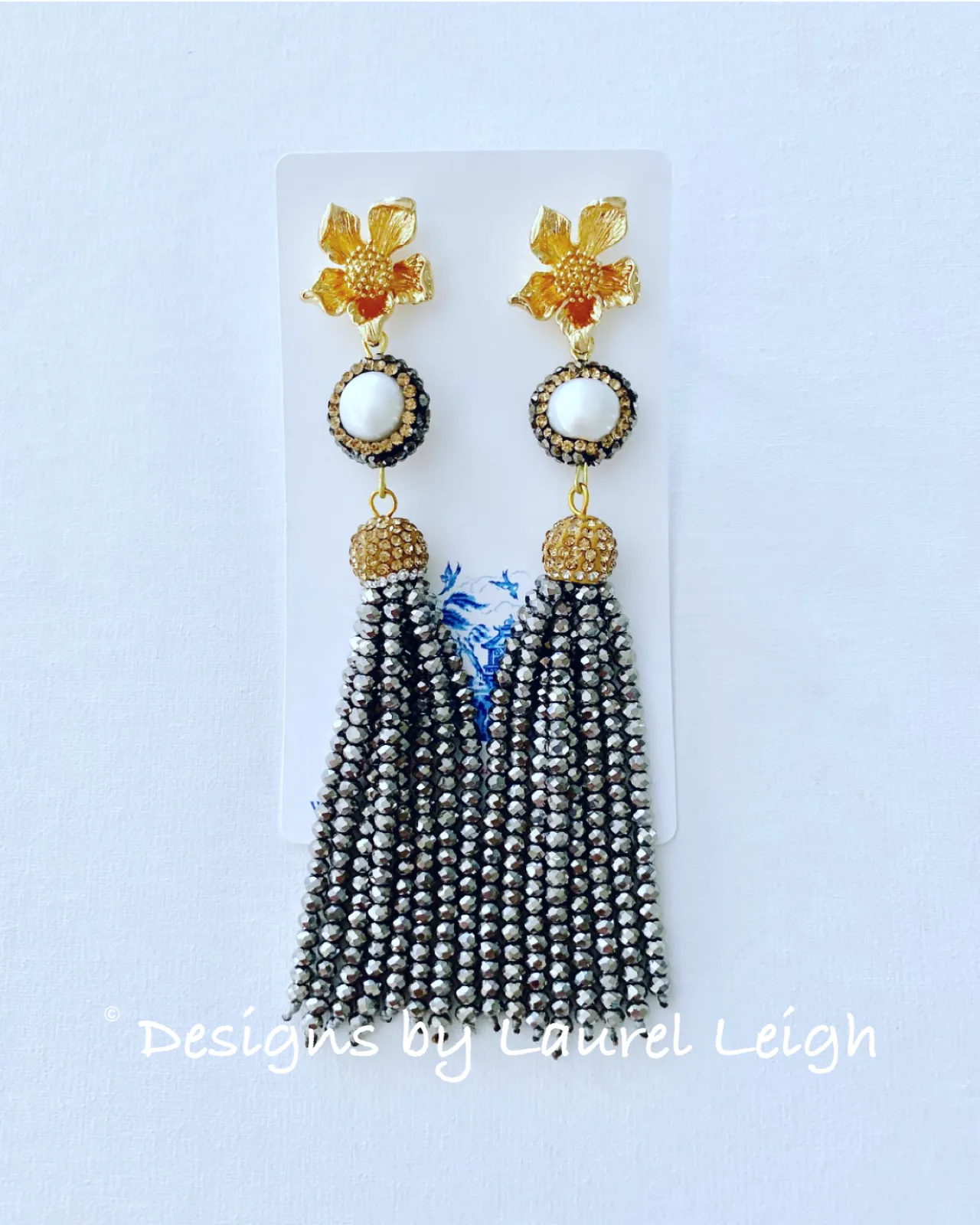 Dressy Floral and Pearl Beaded Tassel Statement Earrings - Gold/Black Or Gold/Silver