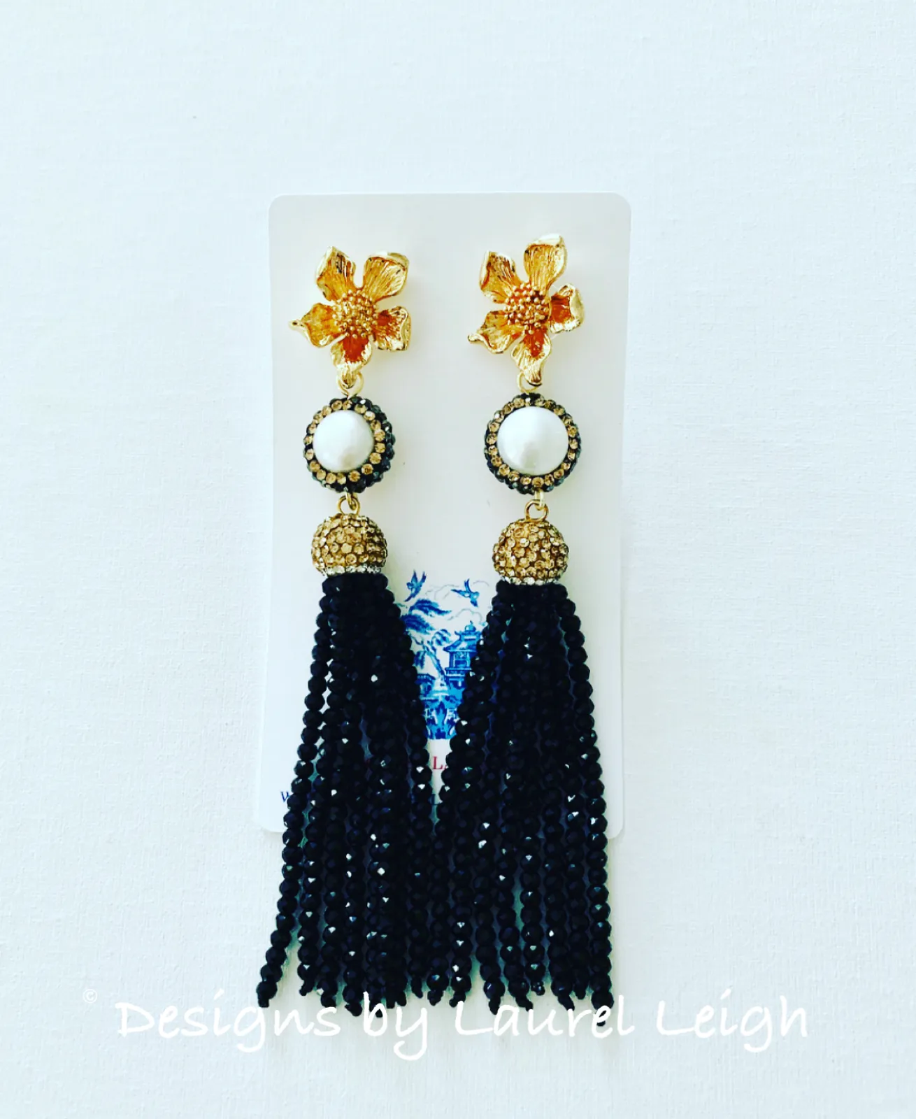 Dressy Floral and Pearl Beaded Tassel Statement Earrings - Gold/Black Or Gold/Silver