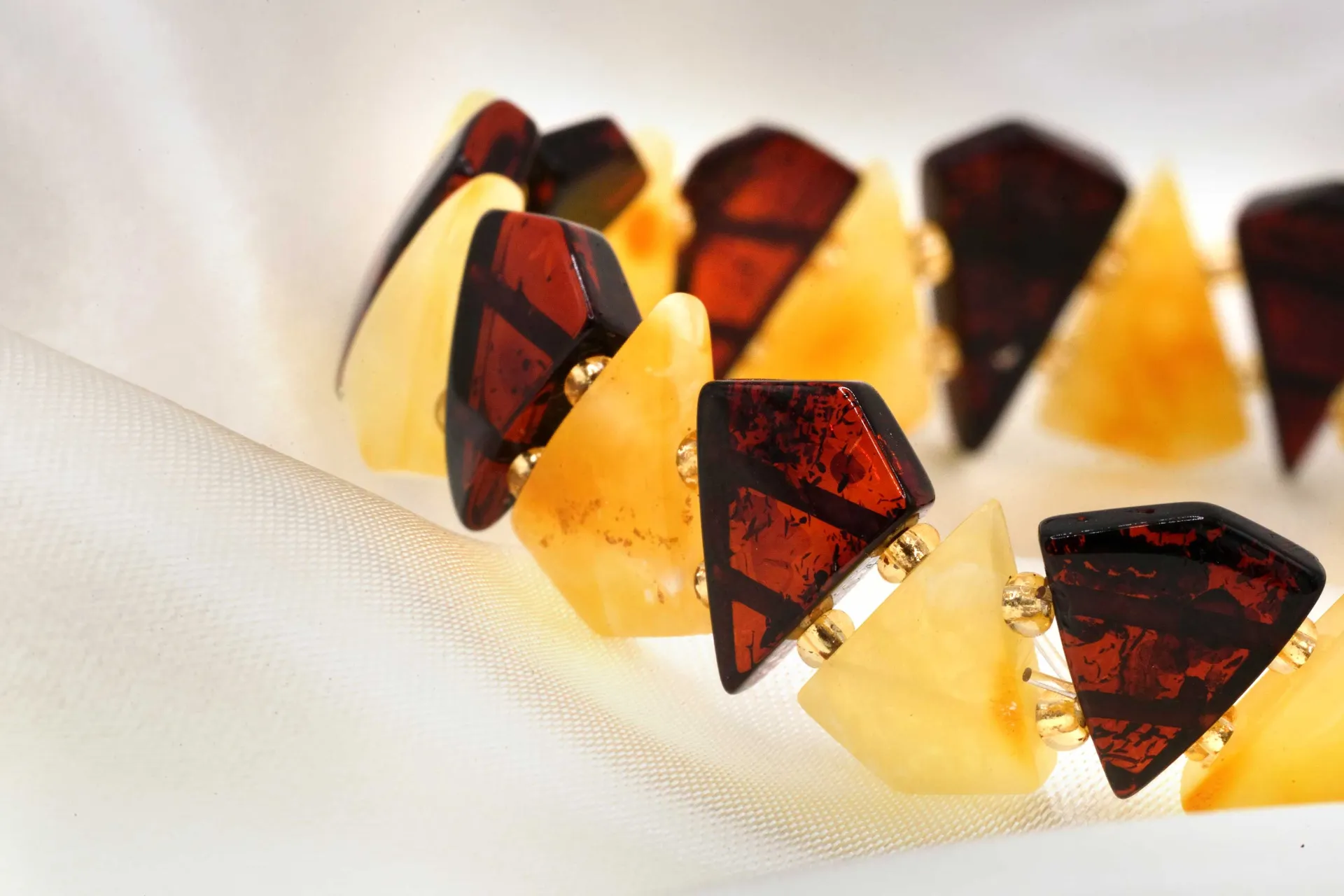 Edgy RAW Cherry and Butterscotch Amber Triangle Bracelet - Unique Amber Jewellery