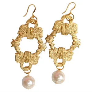 Elizabeth HRM Earrings Brass Pressings Vintage Pearls USA Made Sugar Gay Isber Free Gift Bag Regal