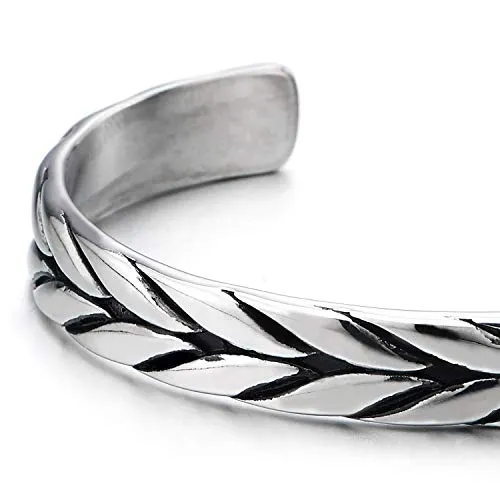 Exquisite Stainless Steel Braided Pattern Cuff Bangle Bracelet for Men Women, Adjustable