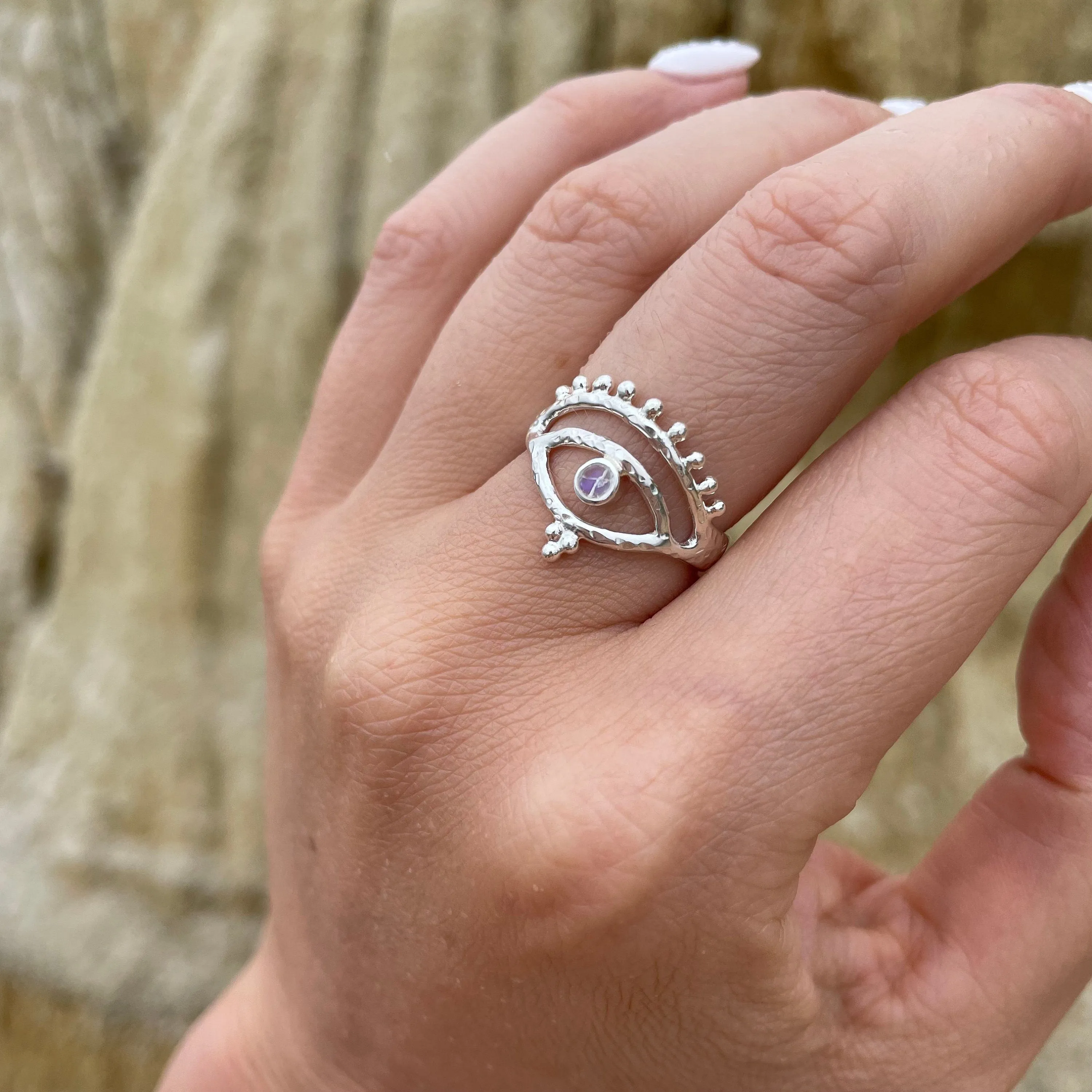 Eye of Protection Sterling Silver Rainbow Moonstone Ring