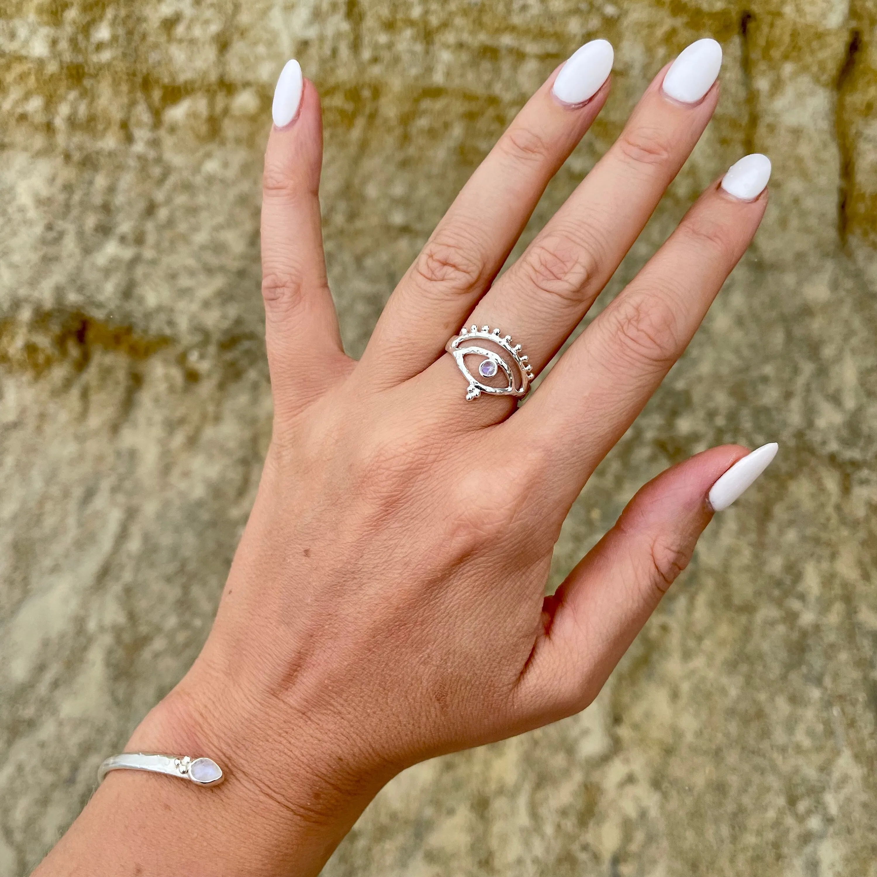 Eye of Protection Sterling Silver Rainbow Moonstone Ring