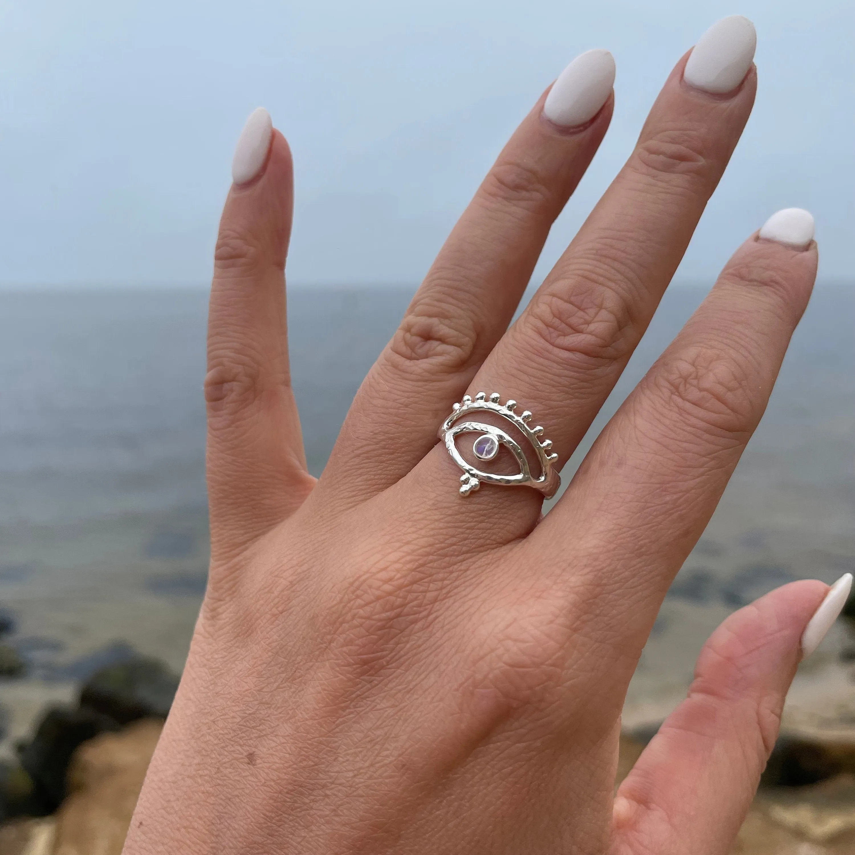 Eye of Protection Sterling Silver Rainbow Moonstone Ring