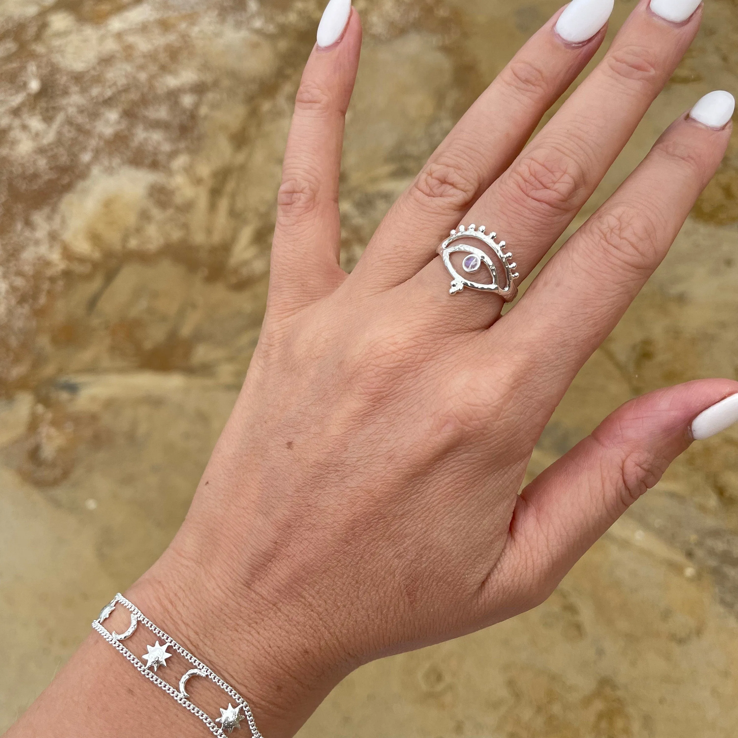 Eye of Protection Sterling Silver Rainbow Moonstone Ring