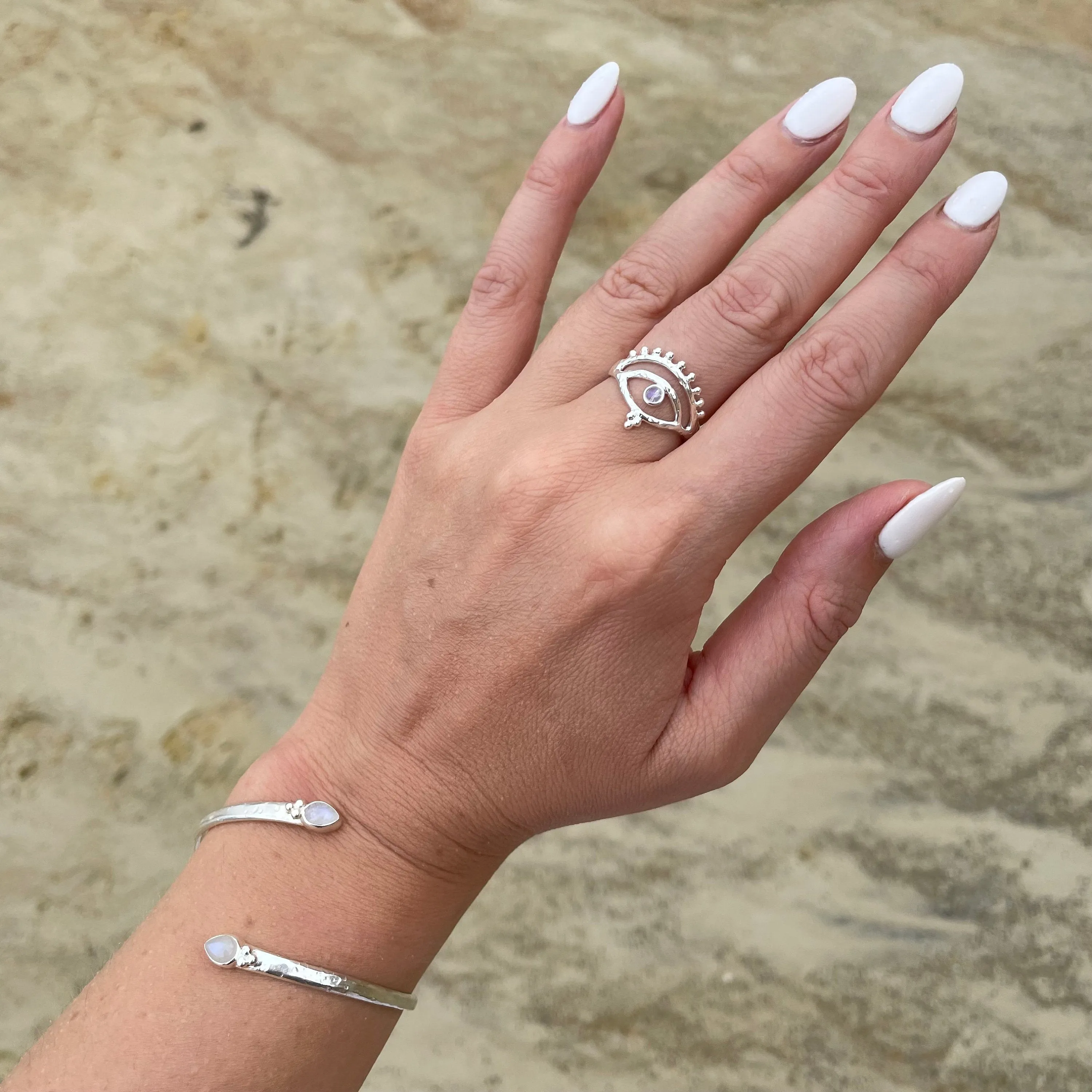 Eye of Protection Sterling Silver Rainbow Moonstone Ring