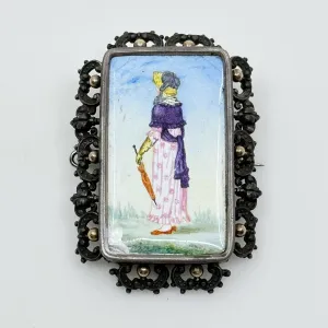 Georgian 18k gold sterling silver Hand Painted porcelain brooch