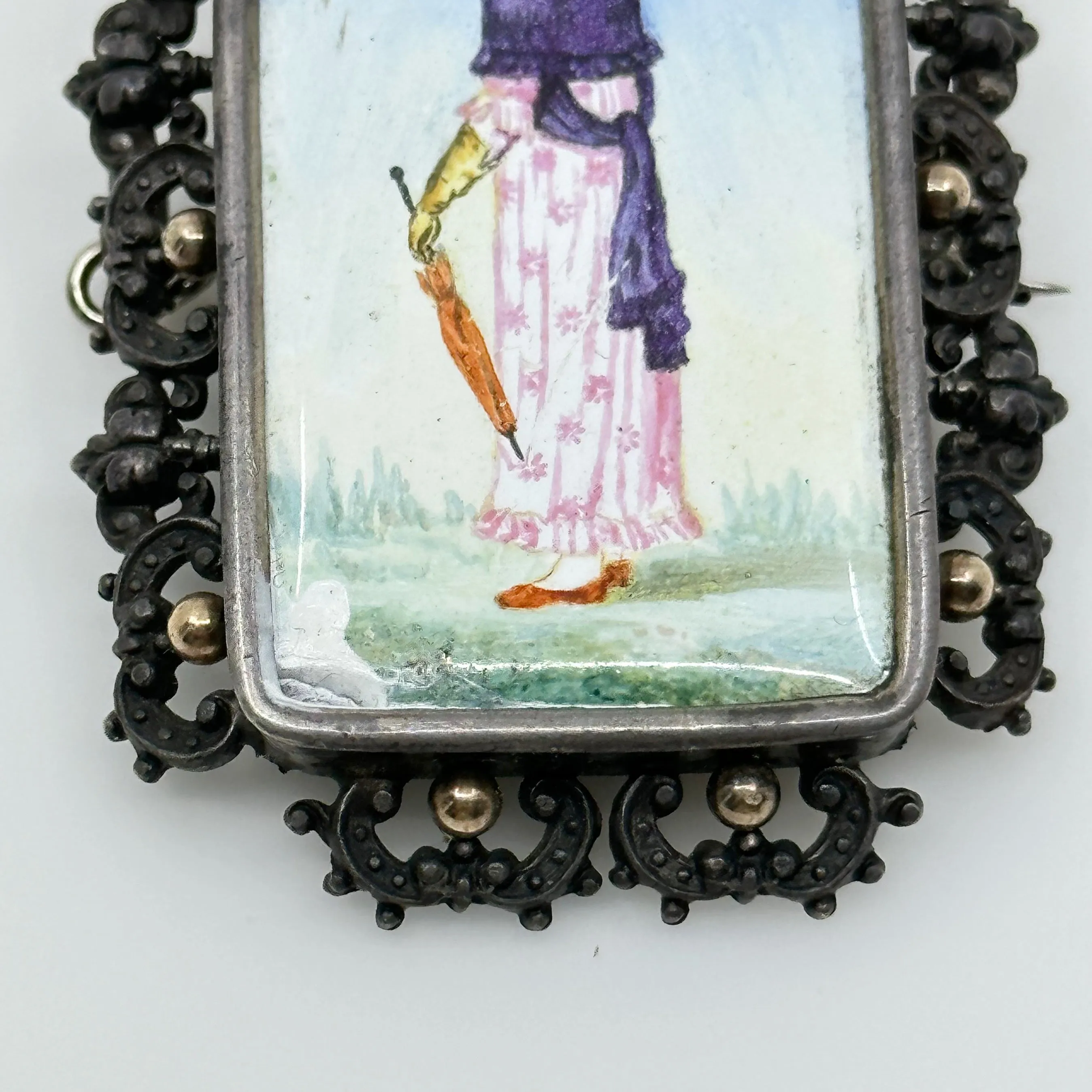 Georgian 18k gold sterling silver Hand Painted porcelain brooch