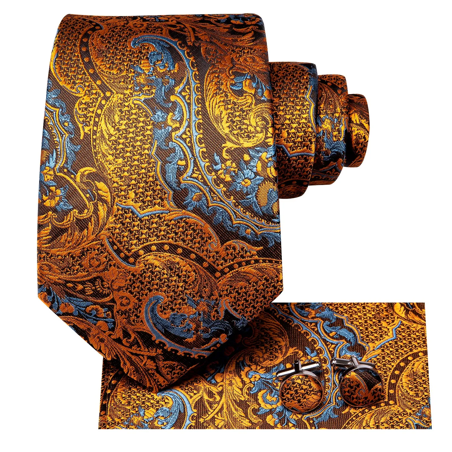 Gold Brown Paisley Tie Handkerchief Cufflinks Set with Wedding Brooch