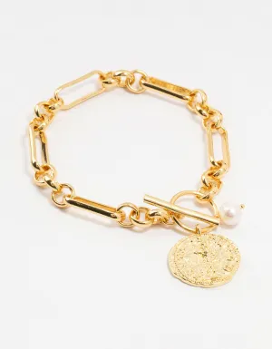 Gold Plated Rectangular Link With Coin Bracelet