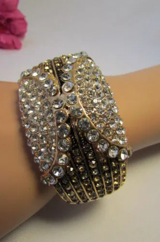 Gold Silver Metal Retro Bracelet Cuff Multi Rhinestones