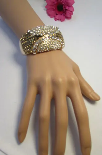 Gold Silver Metal Retro Bracelet Cuff Multi Rhinestones