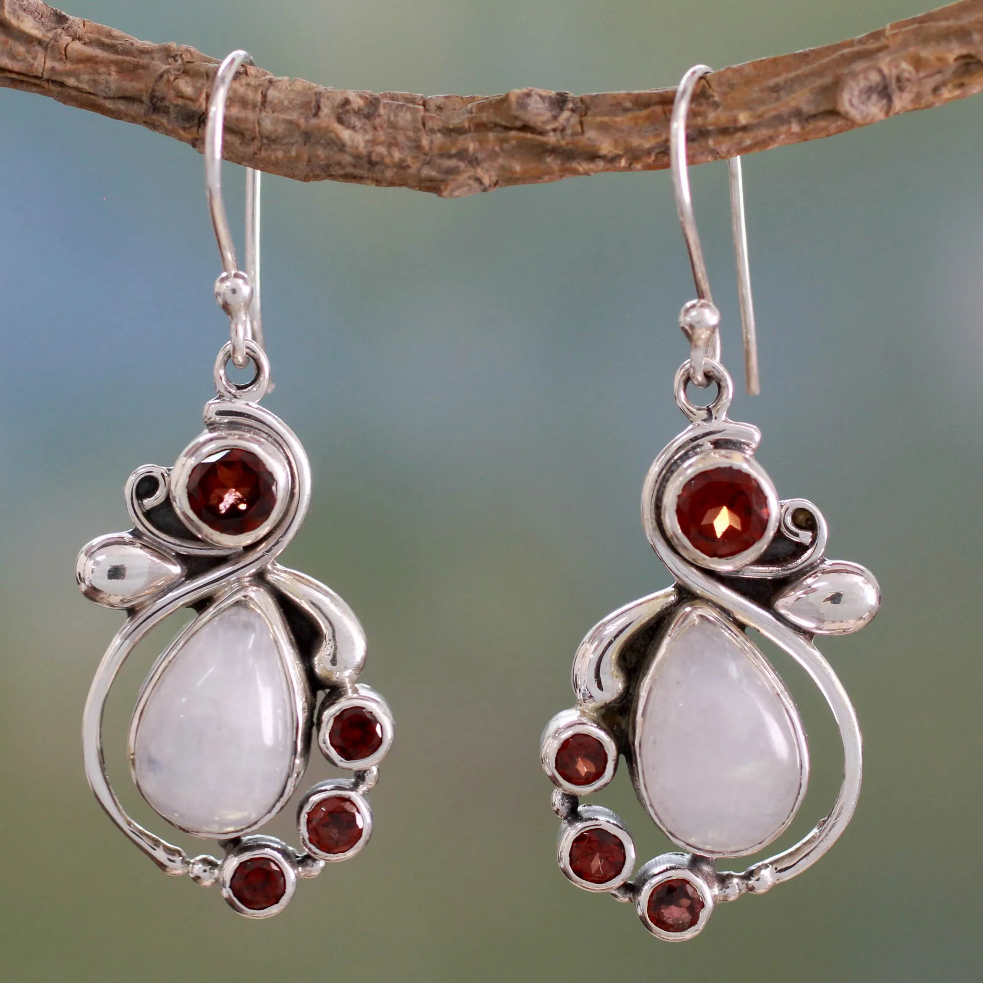 Handmade Garnet Earrings with Rainbow Moonstone - Exquisite | NOVICA