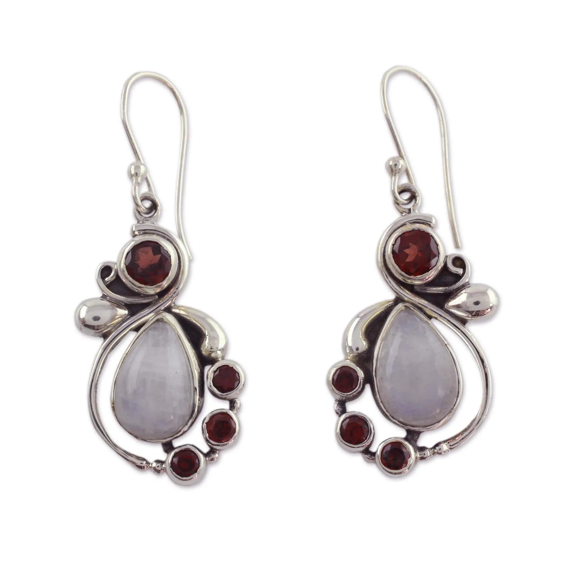 Handmade Garnet Earrings with Rainbow Moonstone - Exquisite | NOVICA