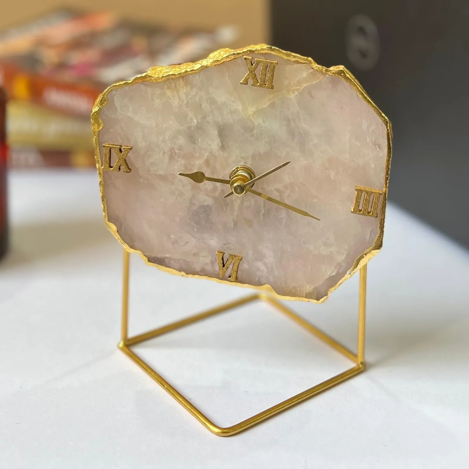 HOMEARTE INDIA Rose Quartz Desktop Clock with Metal Stand Unique Style Table Clock for Office Home Decor Handmade Items Wedding Gift Bedroom Living Room