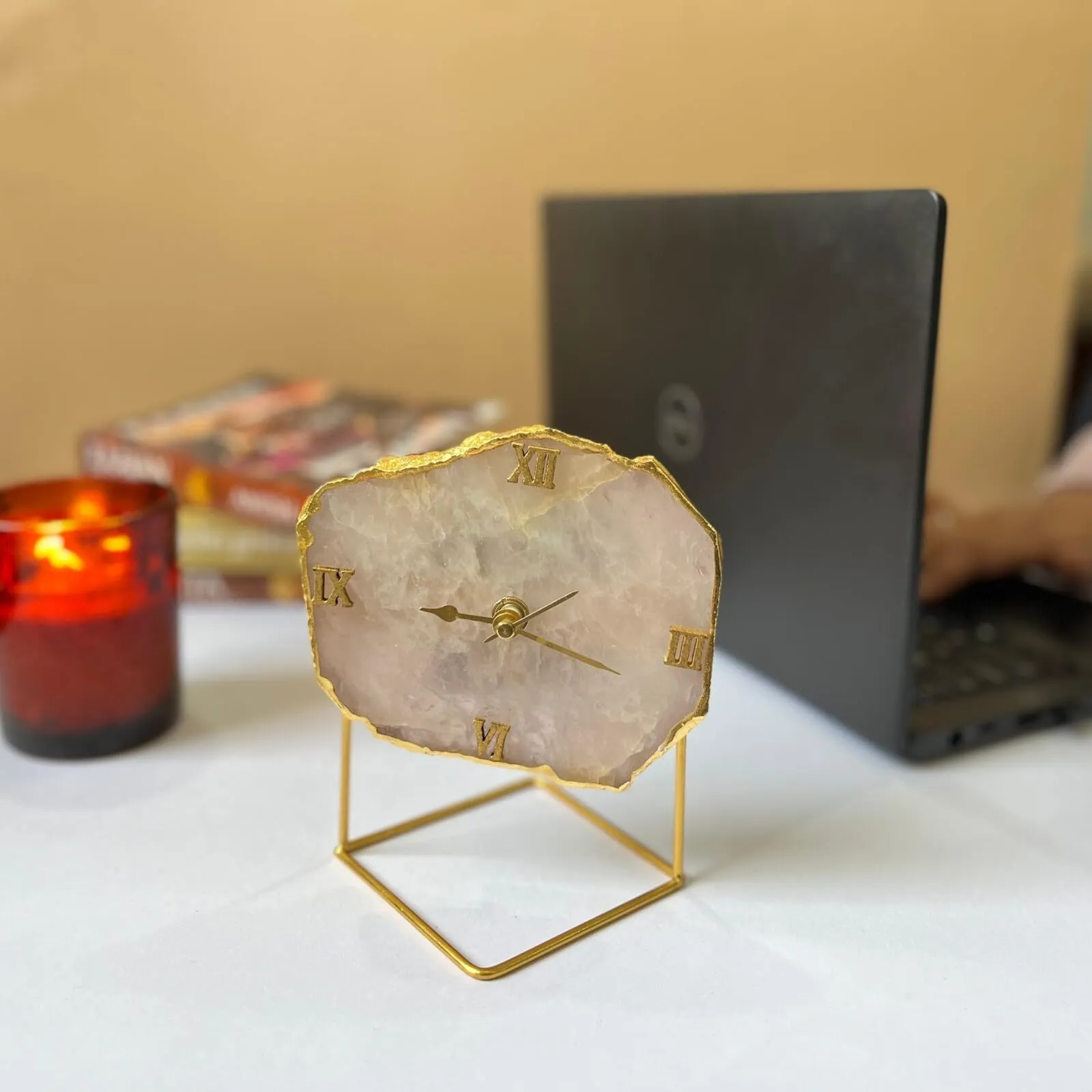 HOMEARTE INDIA Rose Quartz Desktop Clock with Metal Stand Unique Style Table Clock for Office Home Decor Handmade Items Wedding Gift Bedroom Living Room