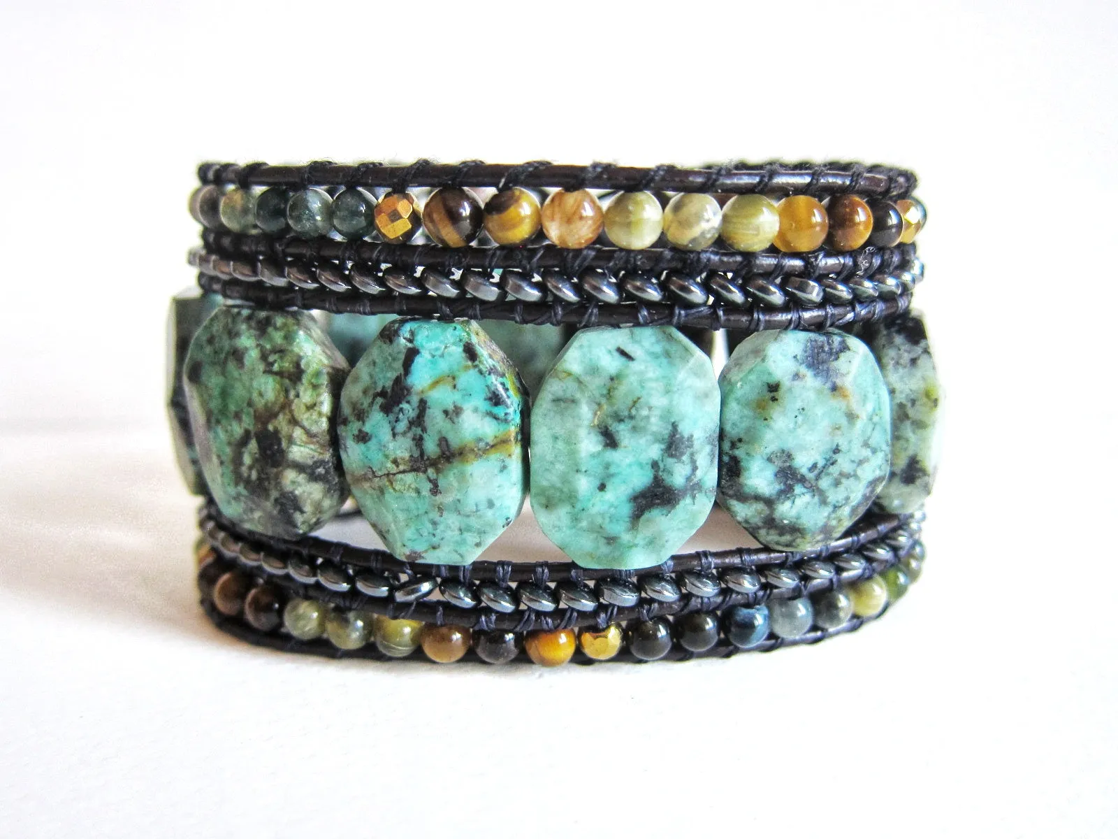 Imperial Turquoise Gemstone - 5 Row Cuff Leather Wrap Bracelet (fits wrist size 7.5 to 8 inch)