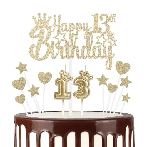 iNINGER 13th Happy Birthday Candles Cake Toppers,Crown Number 13 Candle for Cake,Girls 13th Birthday Decoration,Cake Candle Cake Topper for Women Birthday Party Wedding Anniversary (Champagne Gold)