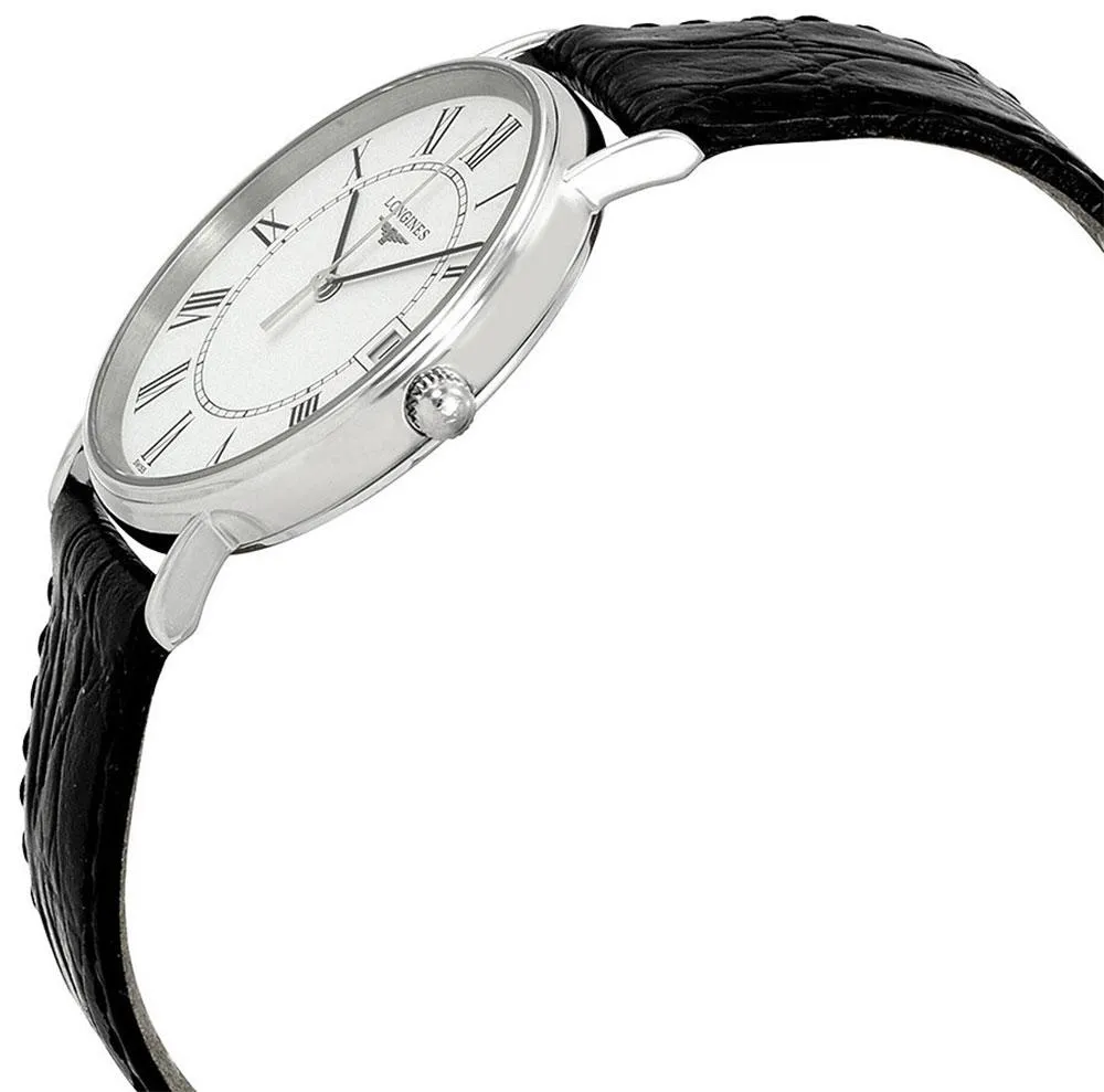 Longines Presence Stainless Steel White Dial Black Leather Strap Date Quartz Mens Watch L4.819.4.11.2