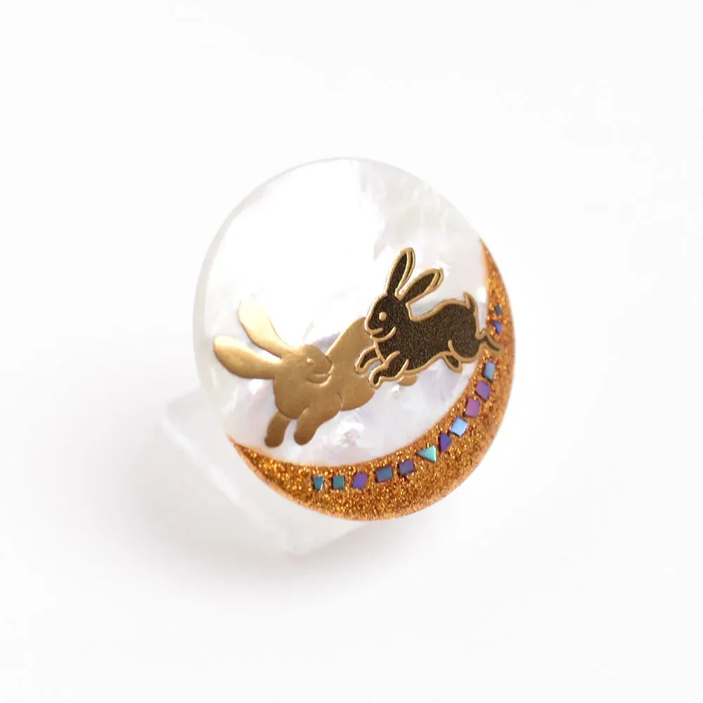 Maki-e Urushi Lacquer Brooch - White South Sea Pearl Shell / Rabbit -, Traditional Japanese Urushi Lacquer Jewelry