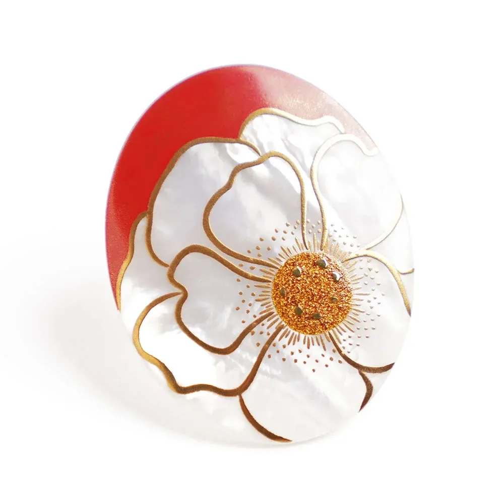 Maki-e Urushi Lacquer Brooch - White South Sea Pearl Shell / Rose -, Traditional Japanese Urushi Lacquer Jewelry