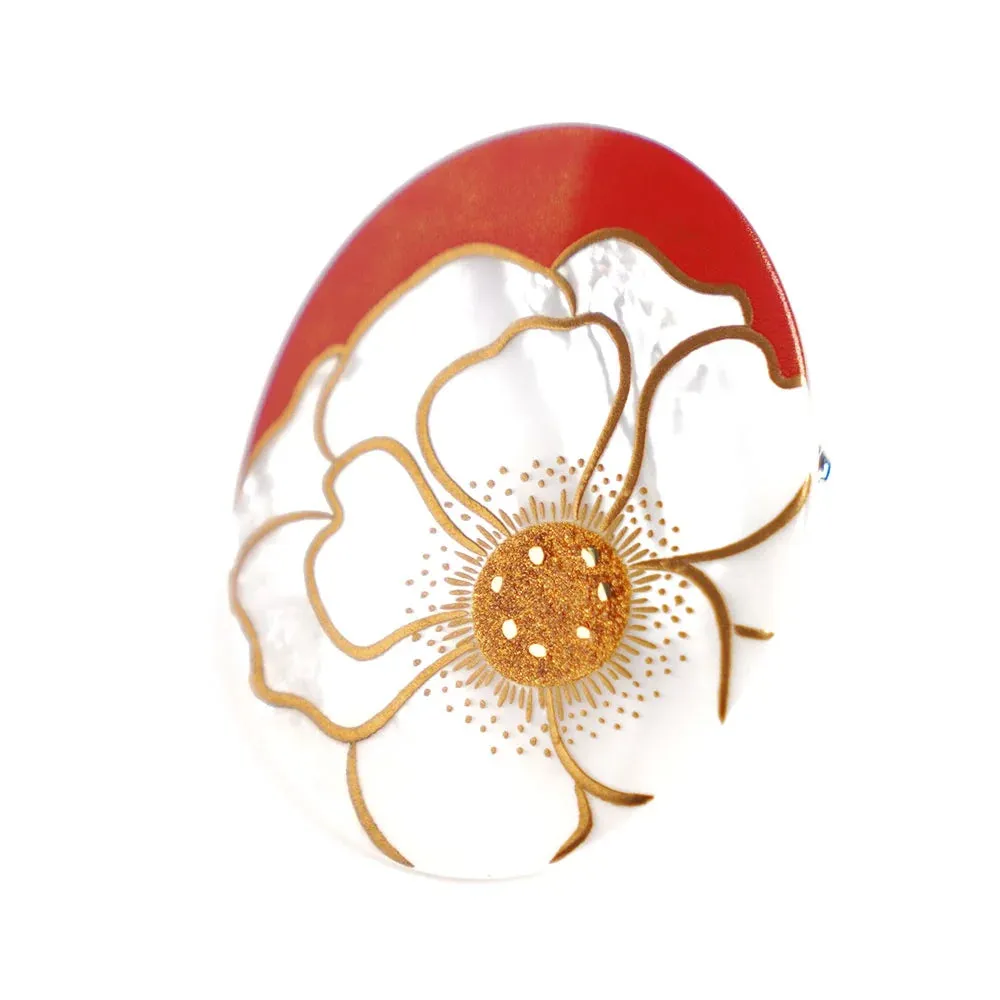 Maki-e Urushi Lacquer Brooch - White South Sea Pearl Shell / Rose -, Traditional Japanese Urushi Lacquer Jewelry