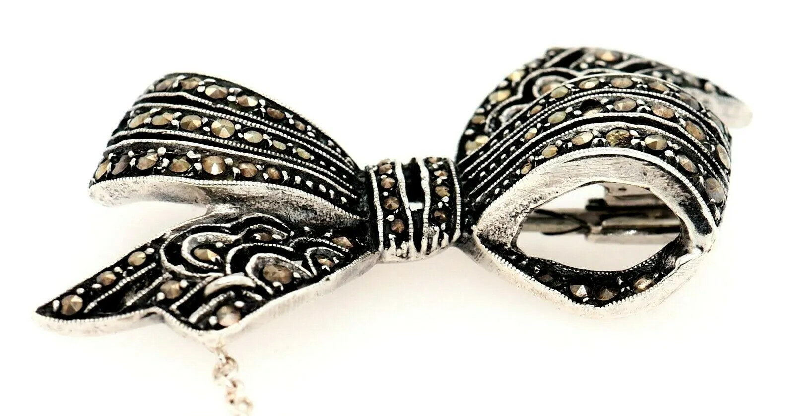 Marcasite Sterling Silver Bow Brooch with Safety Chain & Pin