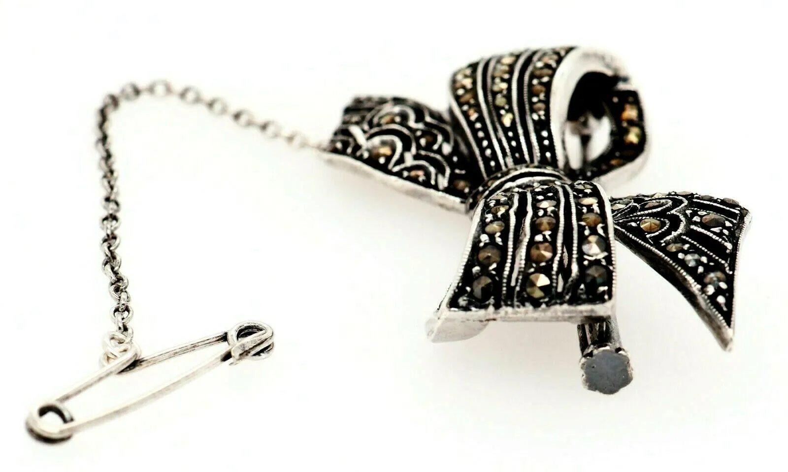 Marcasite Sterling Silver Bow Brooch with Safety Chain & Pin