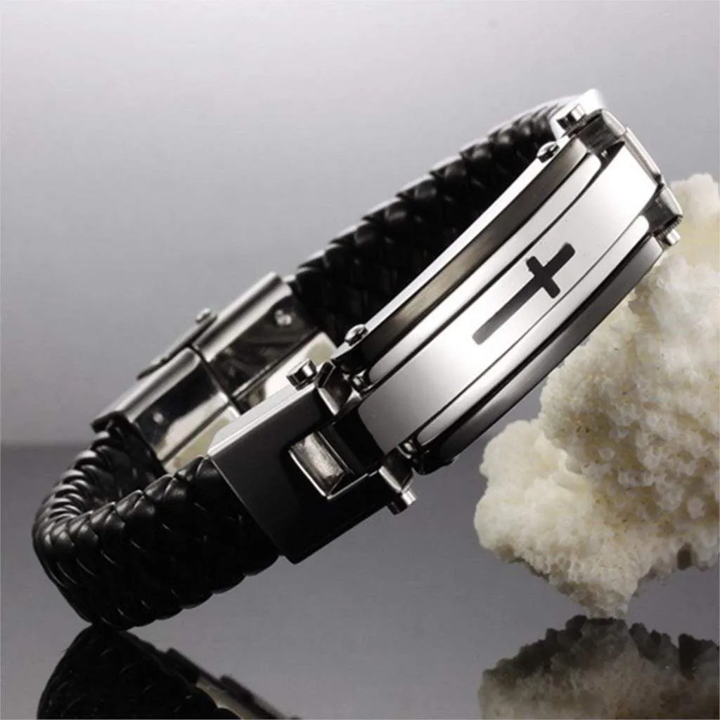 Men's Cross Bracelet<br> Braided Leather Strap