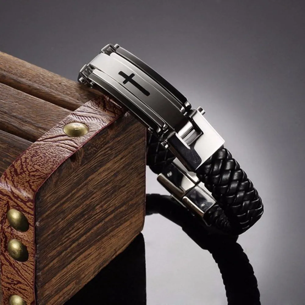 Men's Cross Bracelet<br> Braided Leather Strap