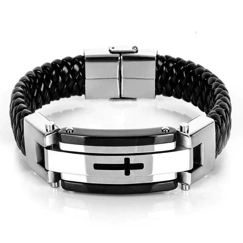 Men's Cross Bracelet<br> Braided Leather Strap